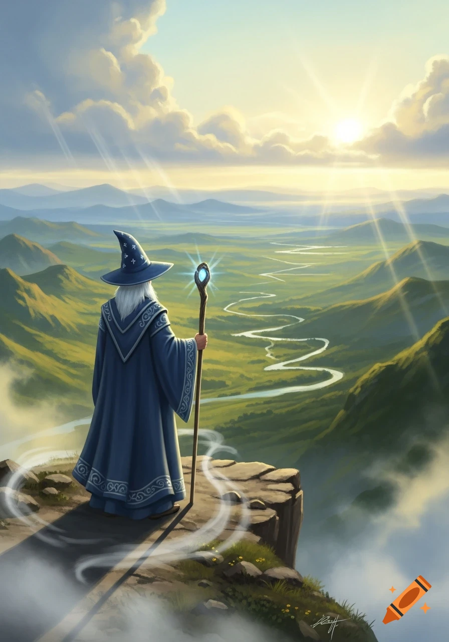 A wizard in a blue robe and pointed hat stands on a cliff overlooking a ...