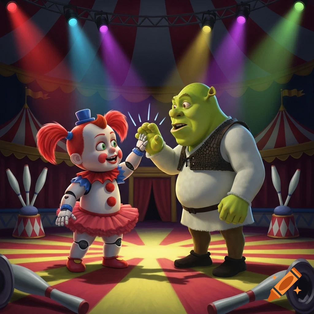 Shrek and Circus Baby high-fiving on a vibrant circus stage under colorful spotlights.