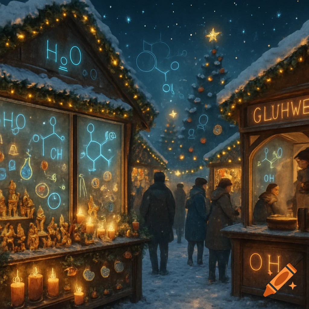 A snowy Christmas market at night, with stalls illuminated by warm lights. Chemical formulas and structures glow in blue neon on signs, one displaying 'H₂O' and another partially 'GLUHWE'. People browse and stand in the snow.