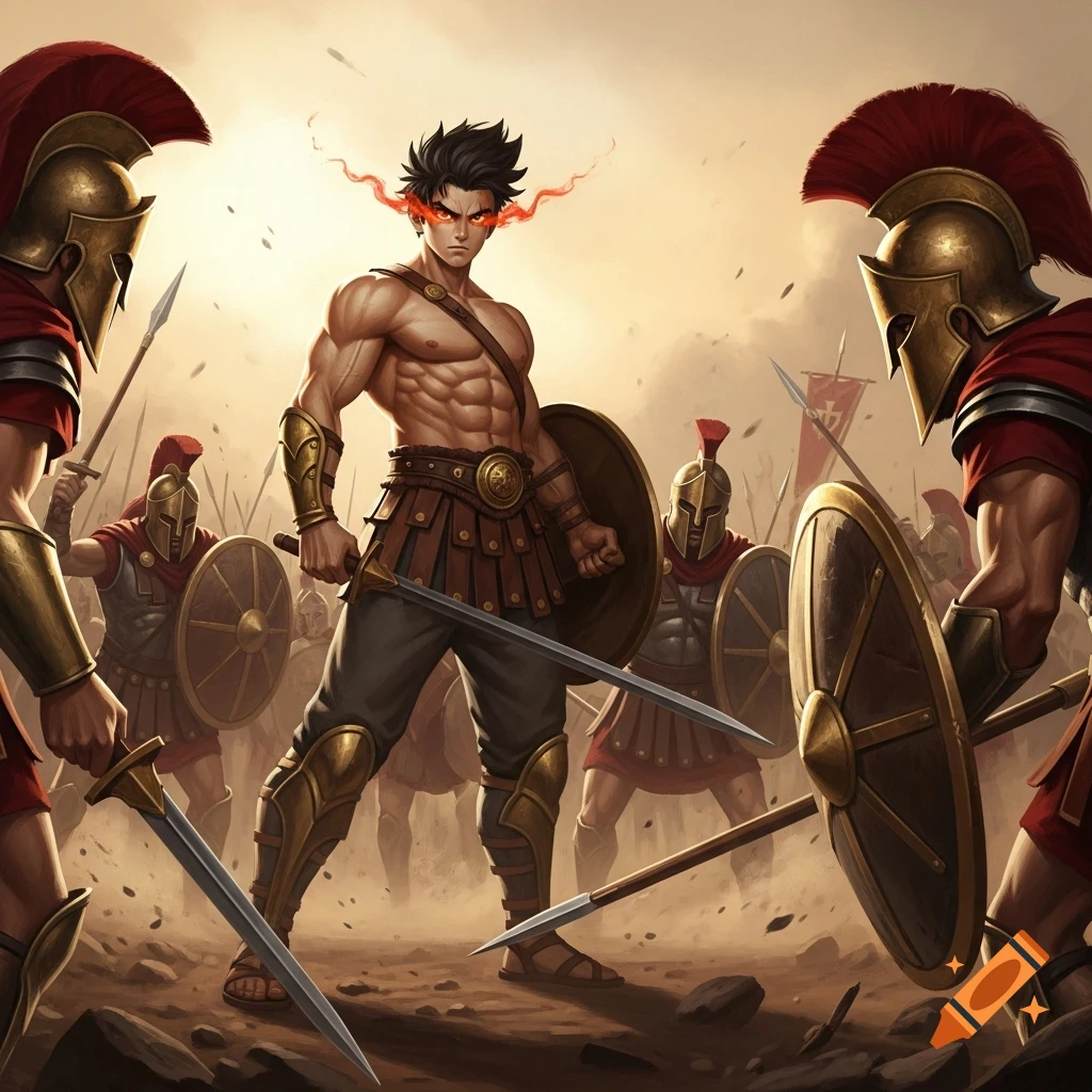 A muscular anime boy with glowing red eyes stands on a dusty battlefield, sword in hand, facing off against armed Spartans.