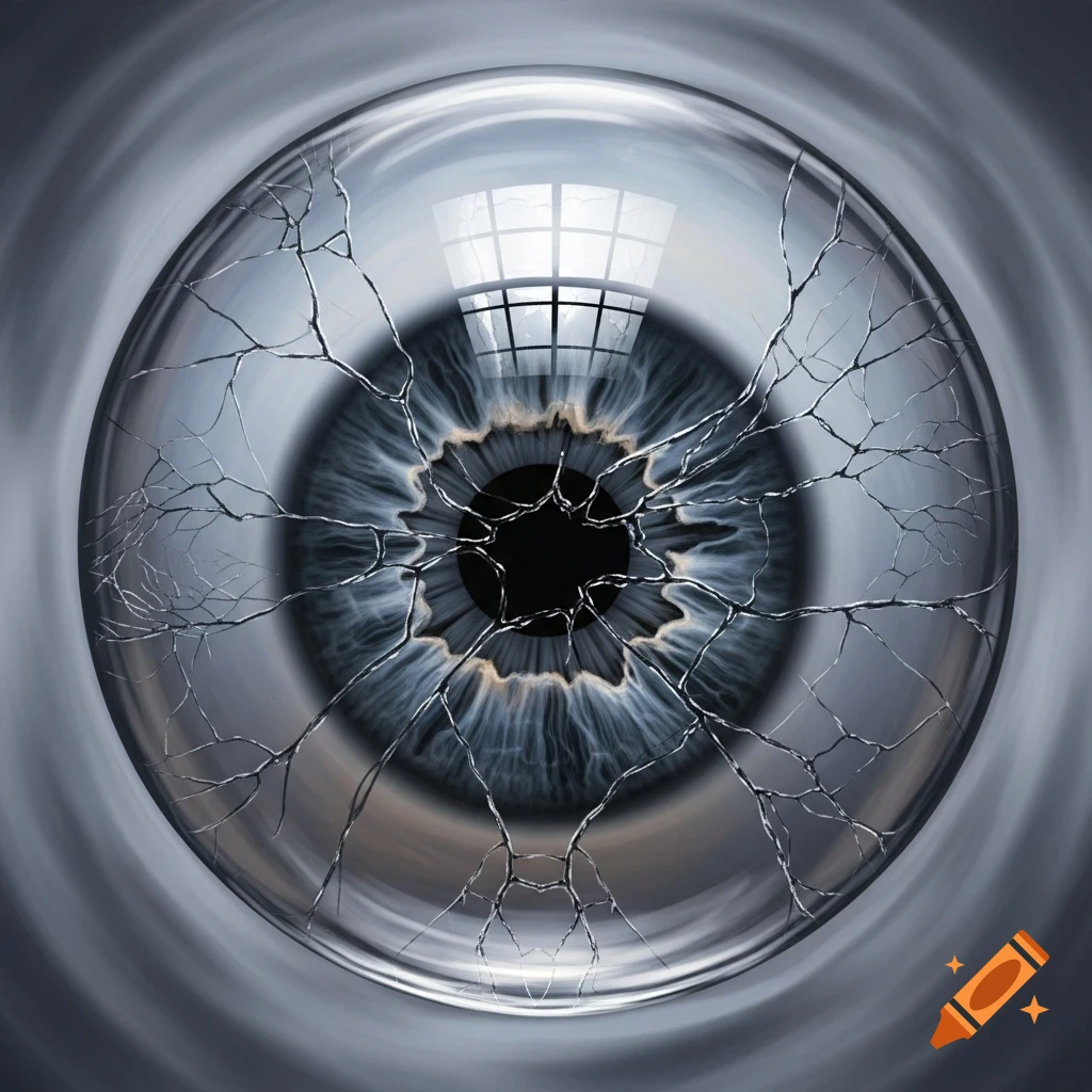A close-up of a large, grey, fractured glass eye with a dark pupil and a window reflection.