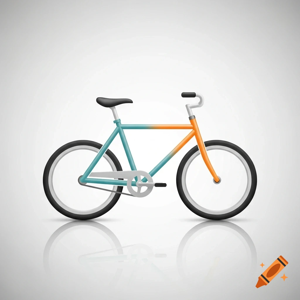 A stylized, compact bicycle icon with a light blue and orange frame, white wheels, and a reflection below.