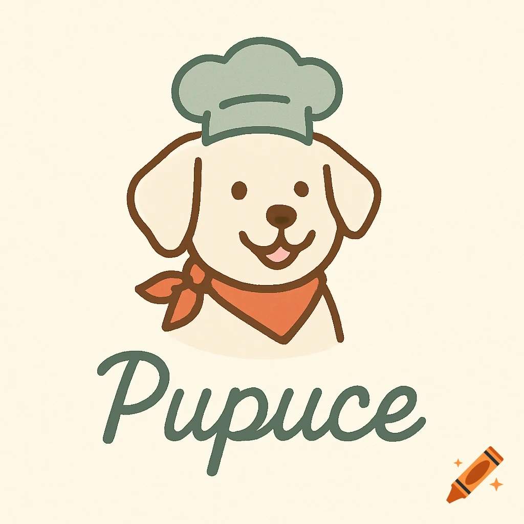 Cute cartoon dog wearing a sage green chef's hat and an orange bandana, with the text "Pupuce" in green script below.