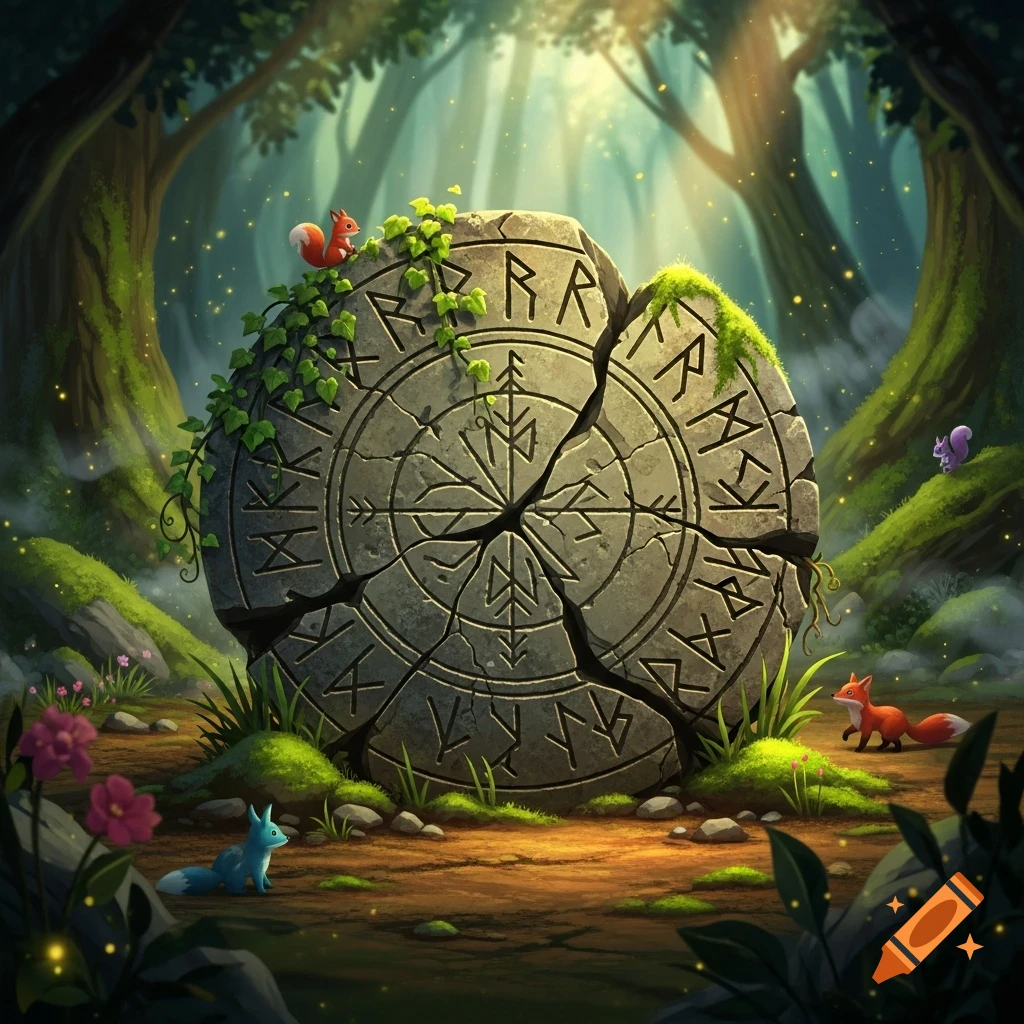 A cracked, moss-covered ancient stone with runic symbols sits on a dirt path in a sunlit fairytale forest, surrounded by small animals.