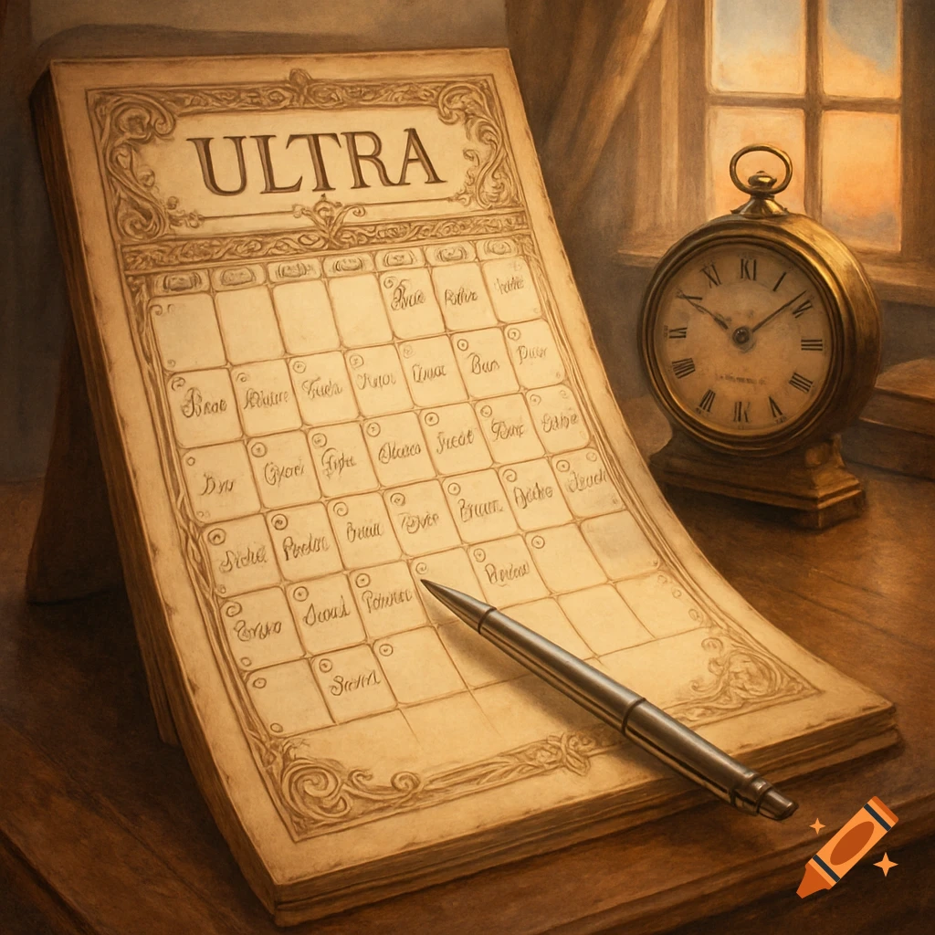 A vintage-style desk calendar titled "ULTRA" with illegible daily tasks, a pen, and an old brass clock on a wooden desk.