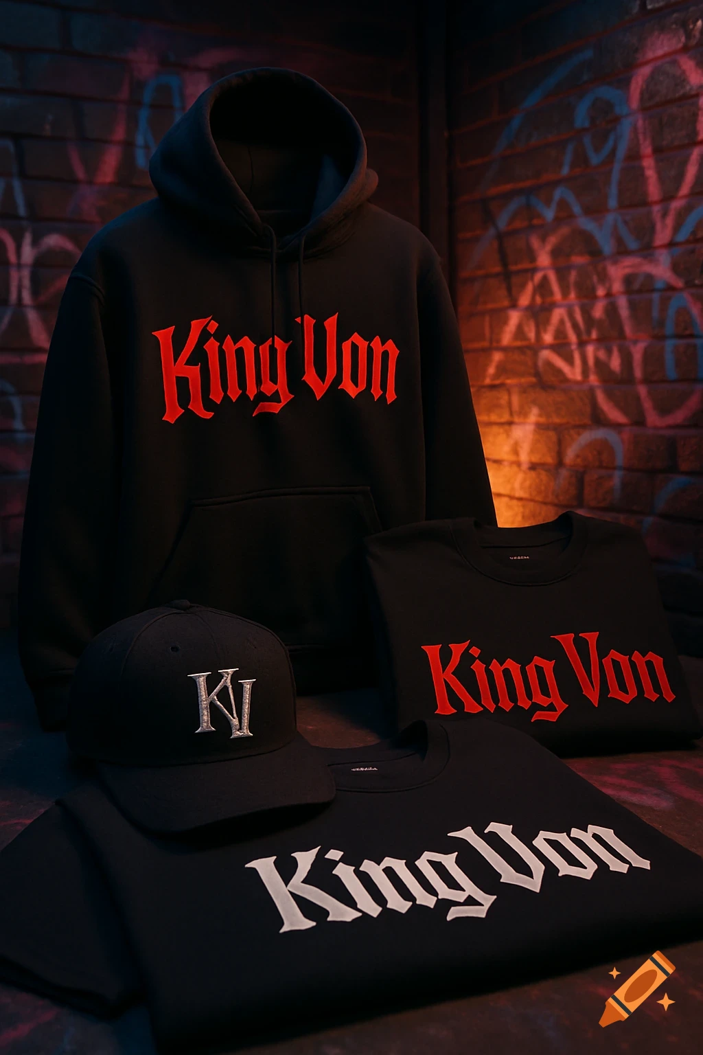 Black King Von branded merchandise including a hoodie, two t-shirts, and a cap, displayed against a dark, graffiti-covered brick wall.