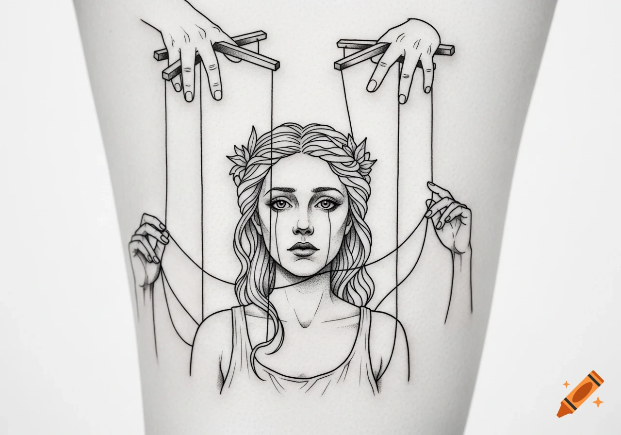 Black and white line art tattoo depicting a sad woman, Ophelia, as a puppet controlled by strings from hands above.