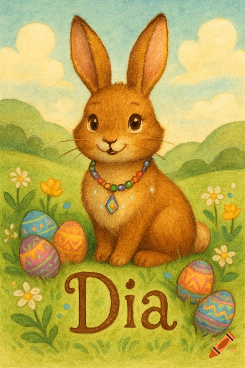 A cute brown Easter bunny wearing a rainbow necklace sits among colorful Easter eggs and flowers in a storybook illustration, with the word 'Dia' at the bottom.