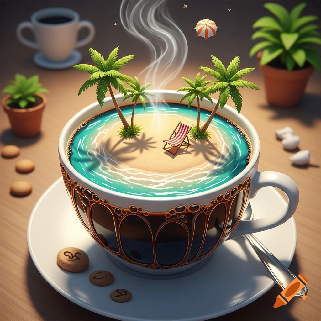 A steaming coffee cup contains a miniature tropical island with palm trees, a sandy beach, and a lounge chair, on a wooden table.