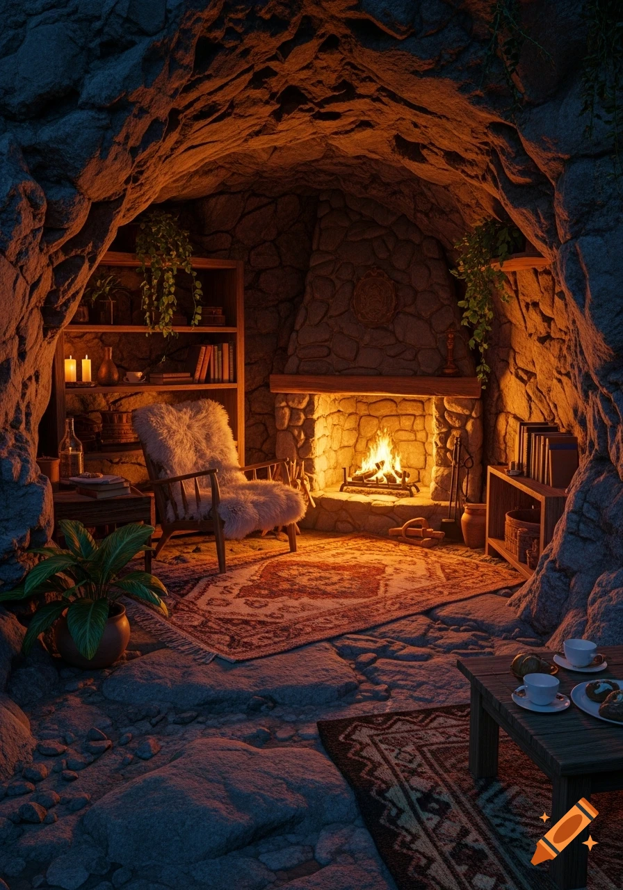 A cozy, furnished cave interior with a lit fireplace, a fuzzy armchair, bookshelves, and decorative rugs.