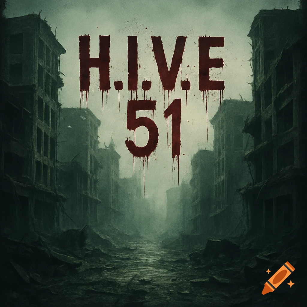 A foggy, green-grey, post-apocalyptic ruined city with the blood-drip text 'H.I.V.E 51' floating in the sky.