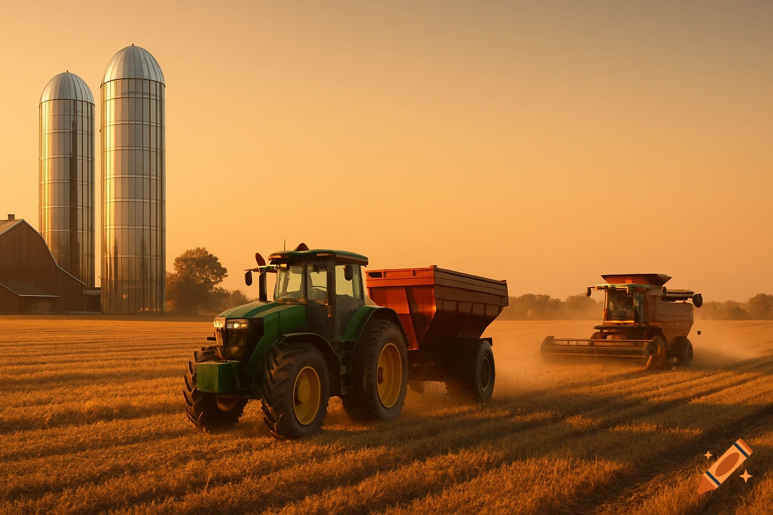 Photorealistic farm scene at golden hour with a green tractor, red trailer, and combine harvester in a field, under an orange sky with silos.