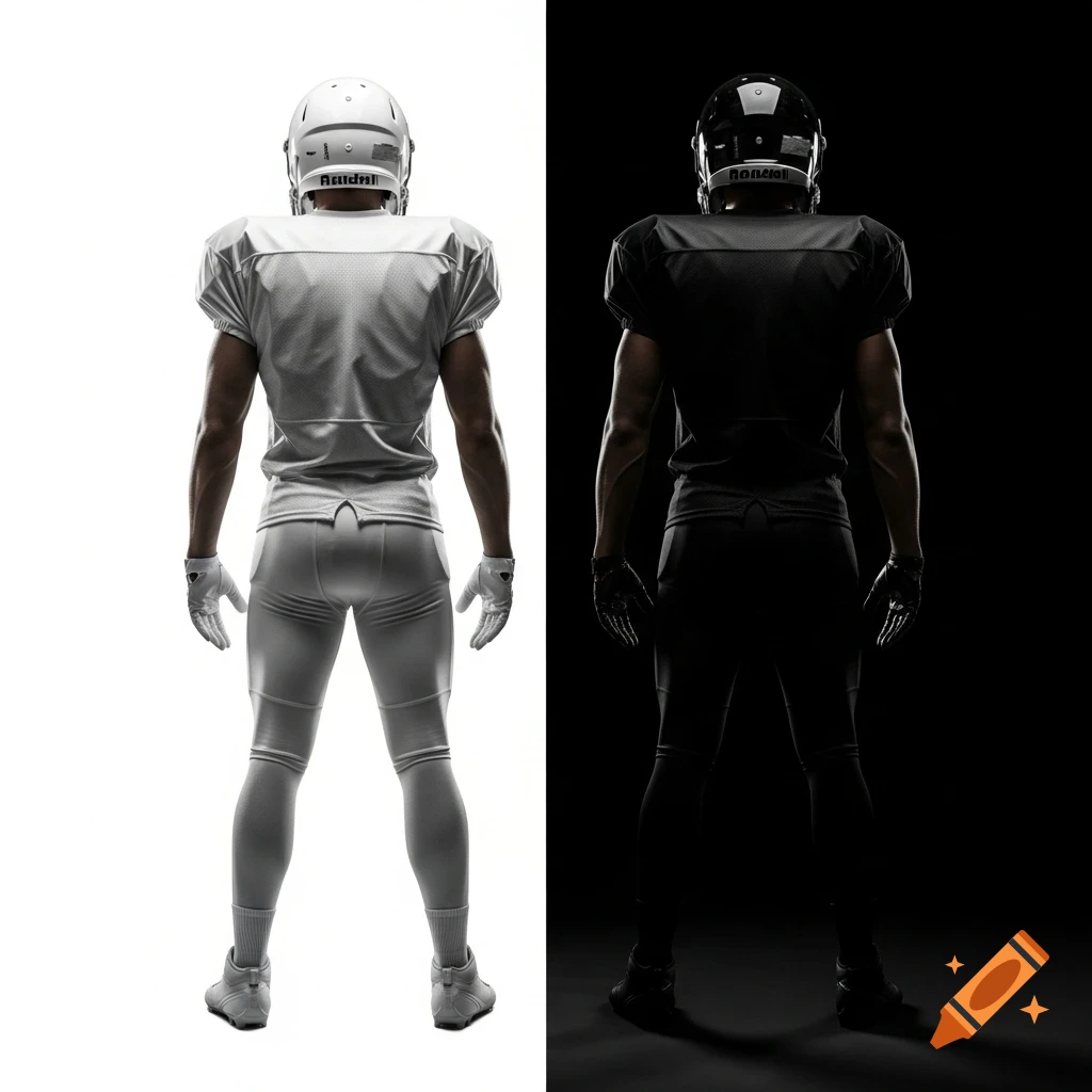 Rear view of two American football players in white and black uniforms on split white and black backgrounds, photorealistic.