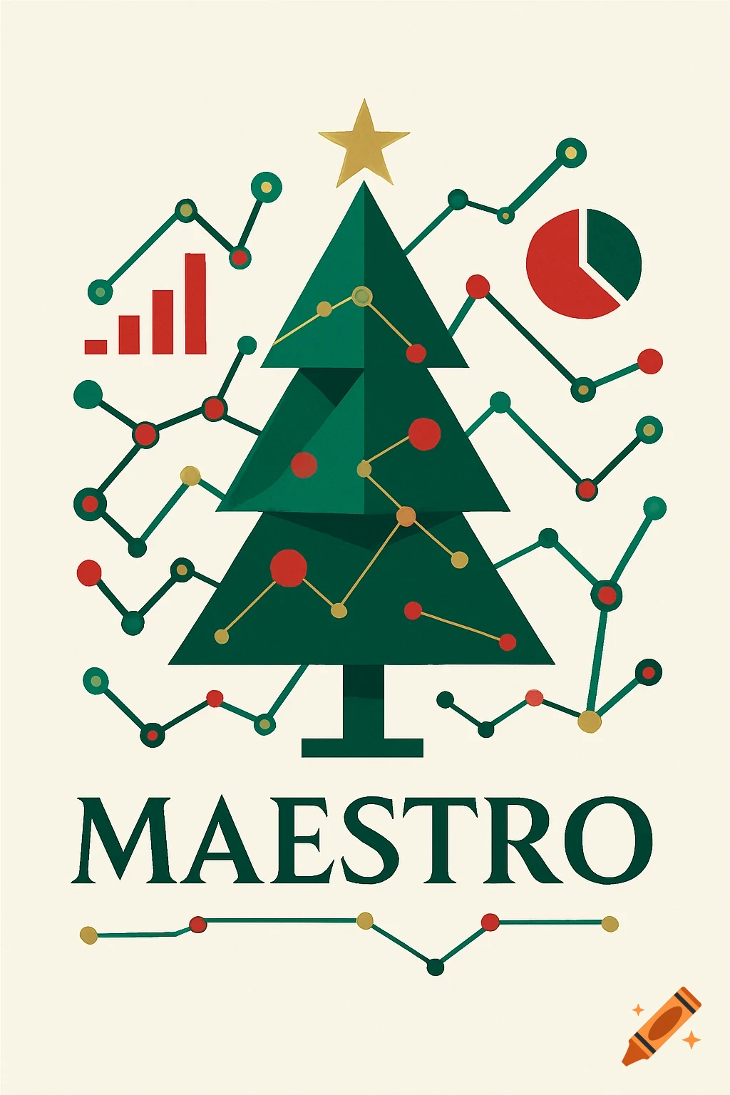 Stylized Christmas tree made of data visualization elements, including bar and pie charts, with 'MAESTRO' text below. Minimalist illustration.
