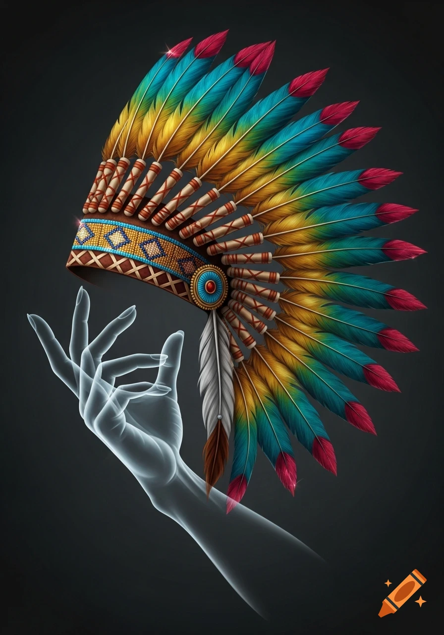 A translucent, ghostly hand cradles a vibrant Native American chief's headdress with colorful feathers, on a dark background.