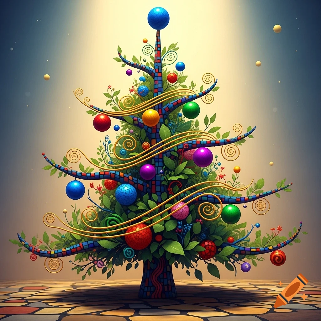 A vibrant, stylized Christmas tree in the Hundertwasser style, adorned with colorful mosaic patterns, leaves, and spherical ornaments.