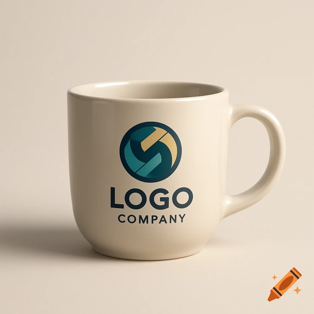 A clean, off-white coffee mug with a teal and gold circular logo above the words 'LOGO COMPANY'.