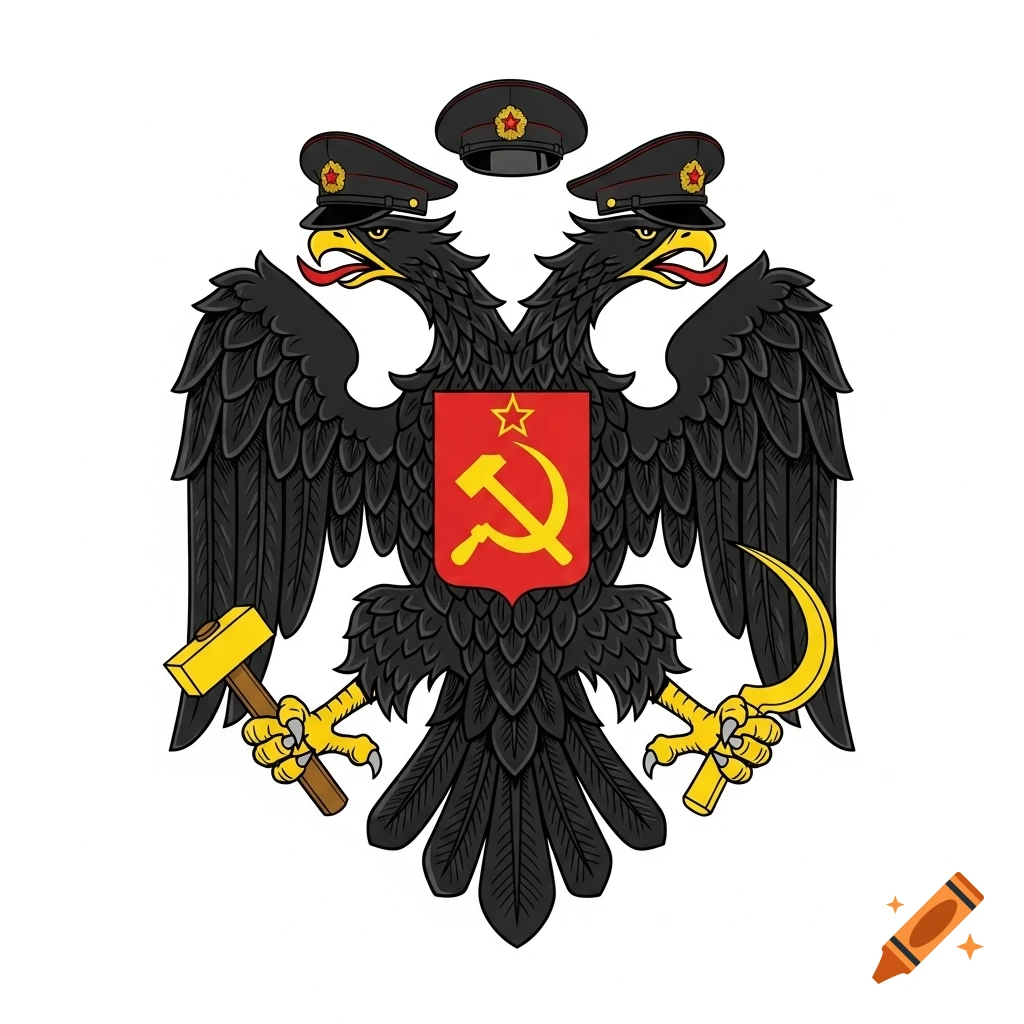 Black double-headed eagle with commissar caps, holding a yellow hammer and sickle, in a 2D emblem style on a white background.