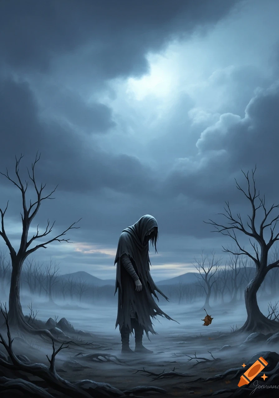 A cloaked, hooded figure with long dark hair stands in a desolate, misty landscape with bare trees under a cloudy sky.