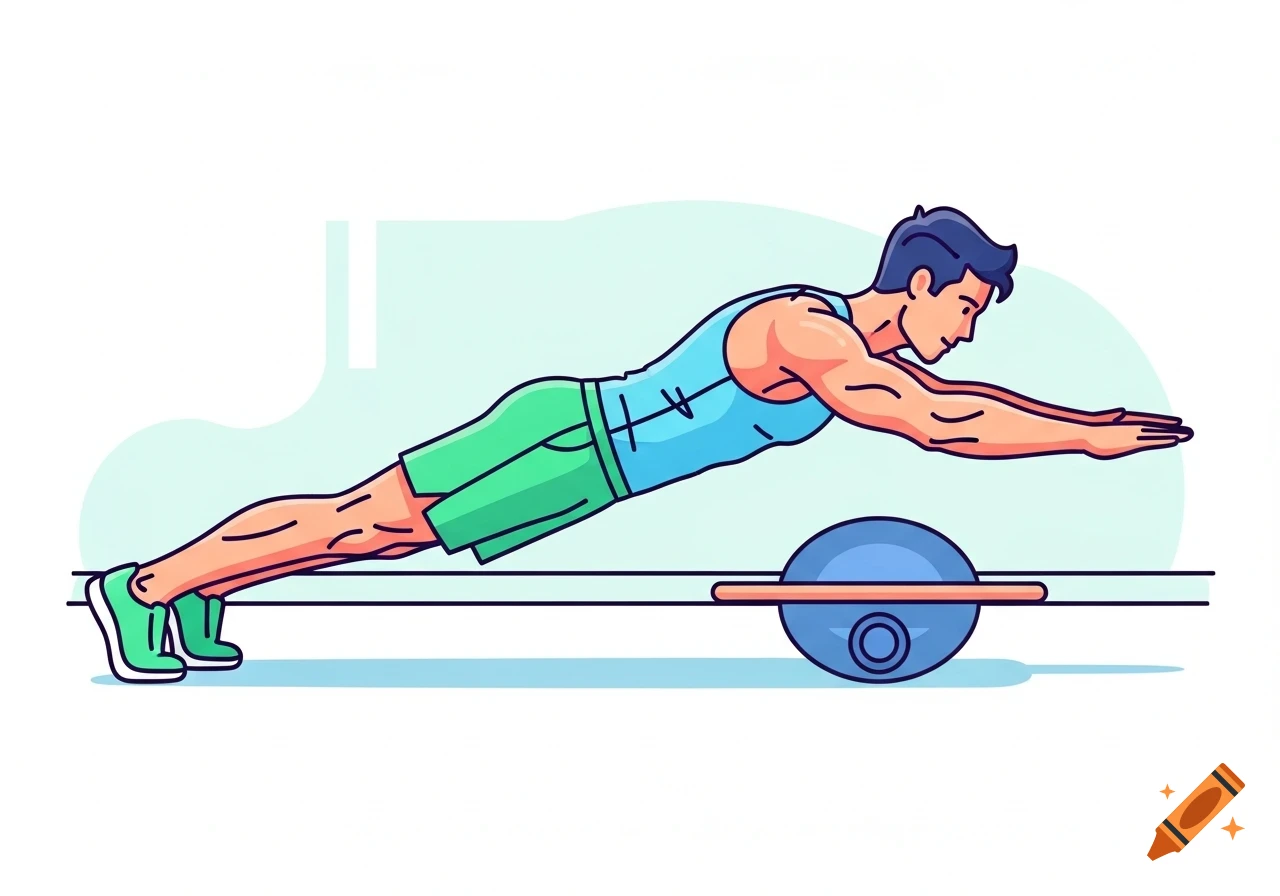 An illustration of a man in an ab roll-out position, balancing on a single wheel, in a simple clipart style.