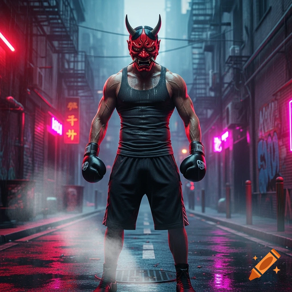 A muscular boxer in a black tank top, shorts, and boxing gloves wears a red oni mask, standing in a rainy, neon-lit urban alley.