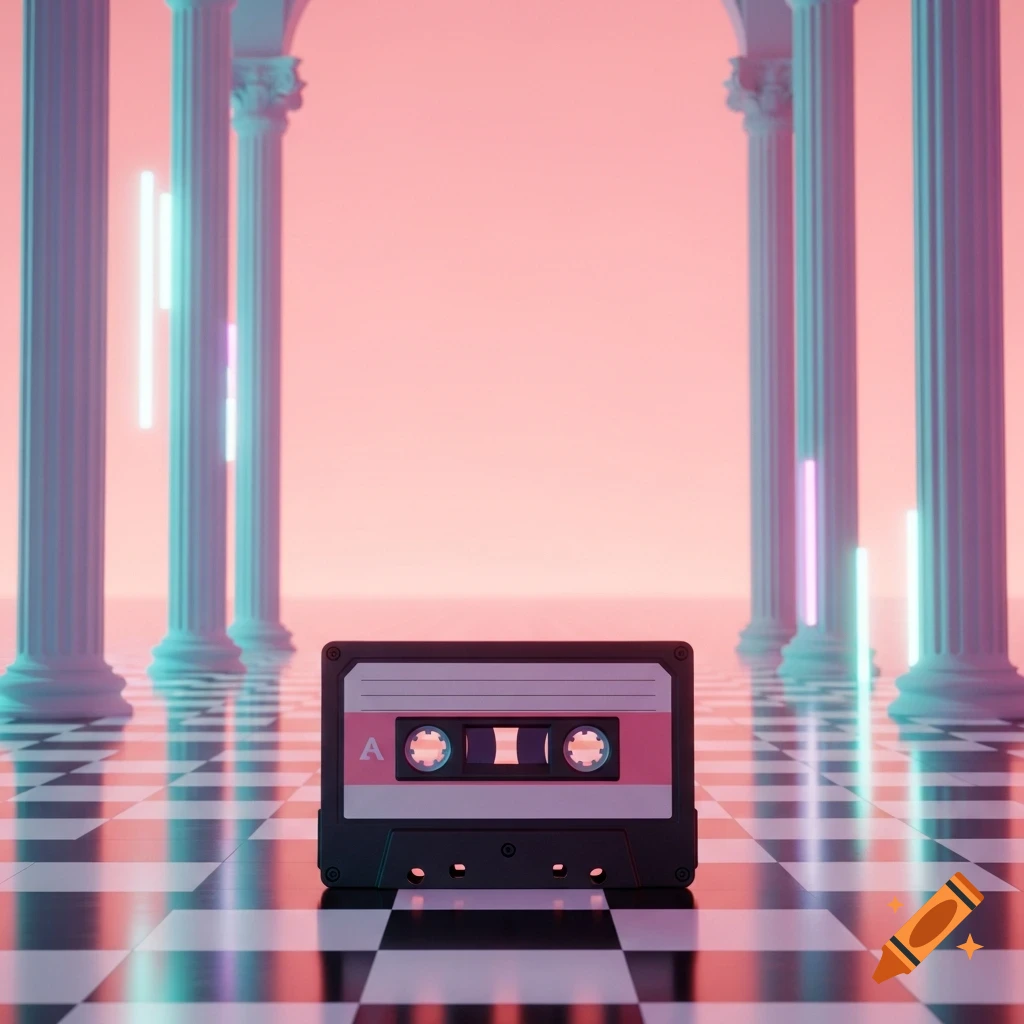 A cassette tape on a checkerboard floor in a pink-hued room with white pillars, featuring a retro vaporwave aesthetic.