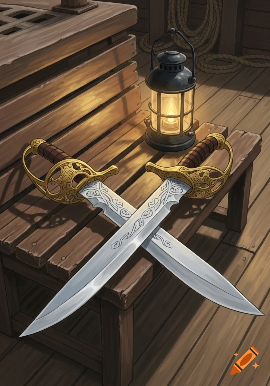 Two ornate cutlasses with decorative blades crossed on a wooden ship bench beside a lit lantern, in a Ghibli-inspired painterly style.