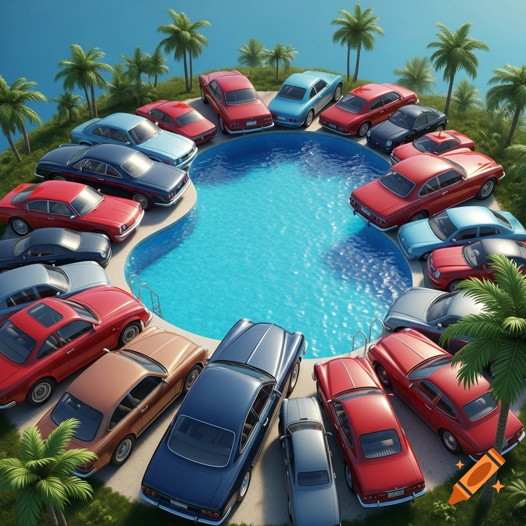 An aerial view of a vibrant blue swimming pool surrounded by numerous classic cars, set on a lush, tropical island with palm trees.