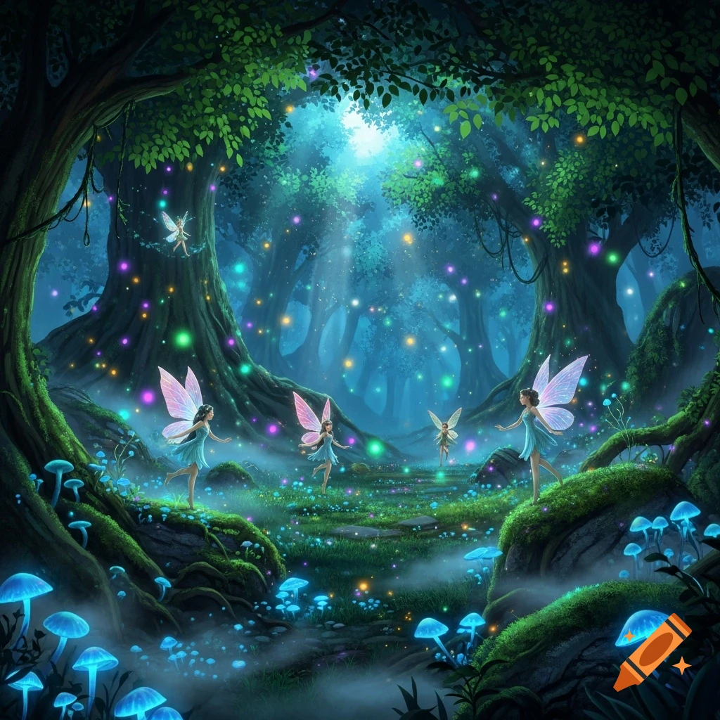 A magical forest scene with ethereal light, glowing blue mushrooms, and several fairies with pink wings dancing among colorful light orbs.