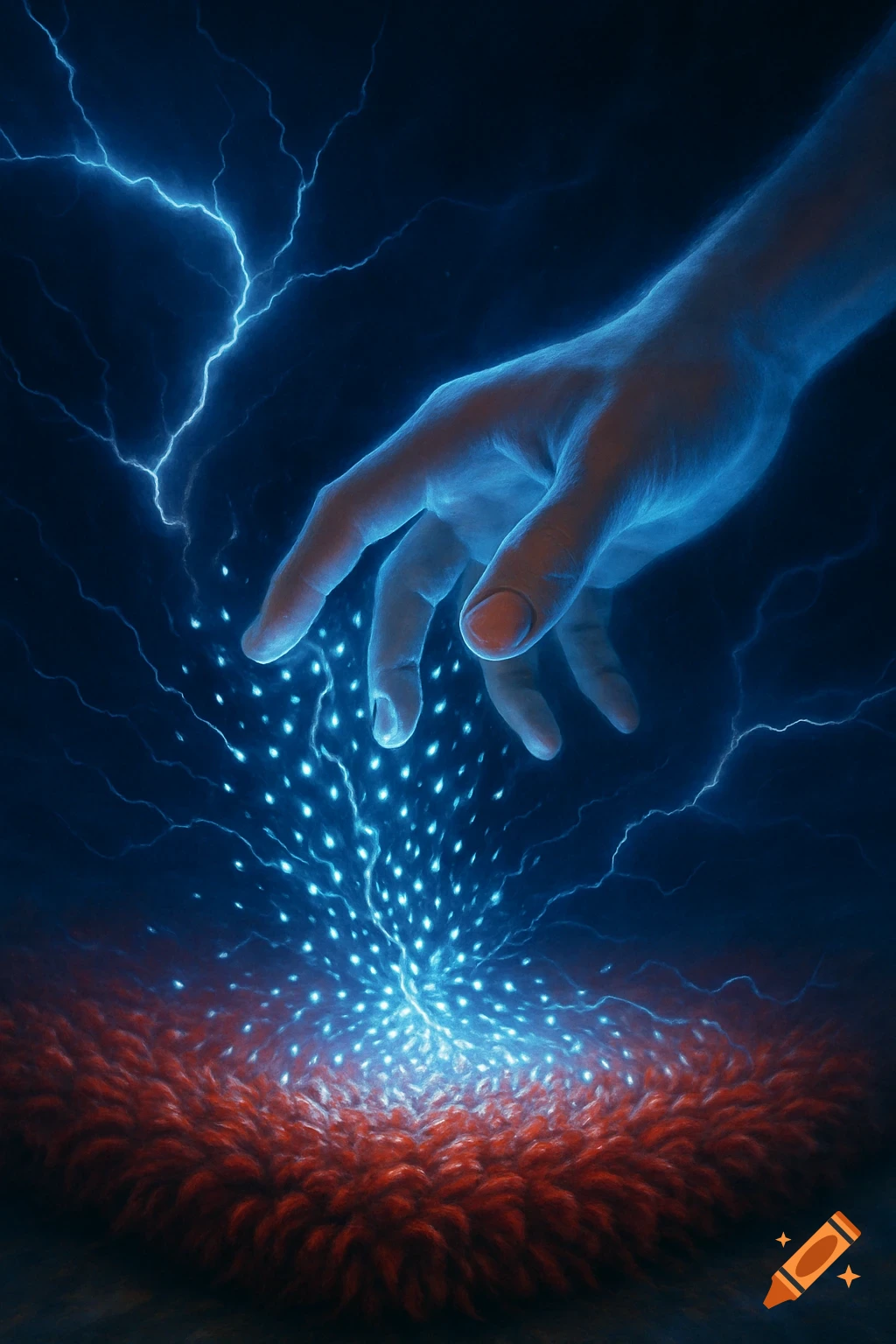 A blue glowing hand with lightning above a textured red surface, emitting blue energy particles.
