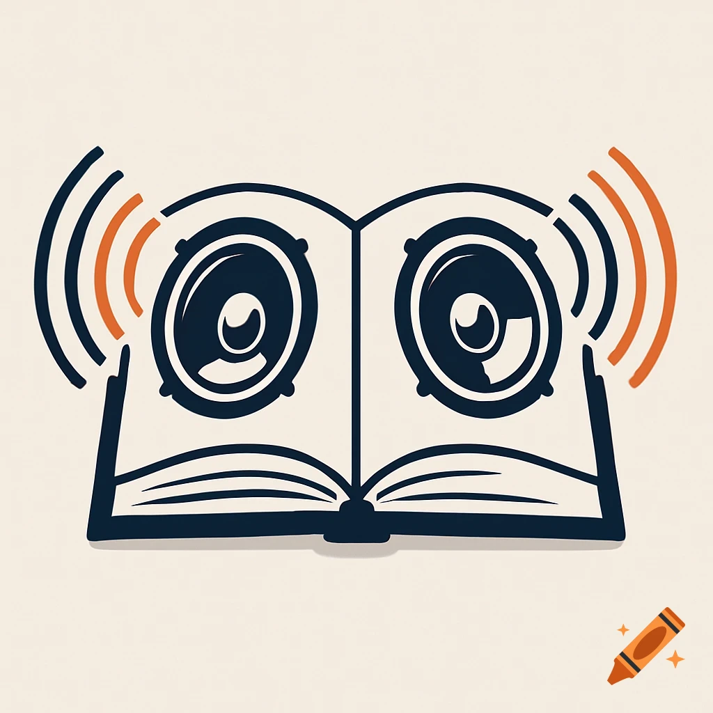 Stylized illustration of an open book with a speaker on each page, emitting sound waves from both sides.