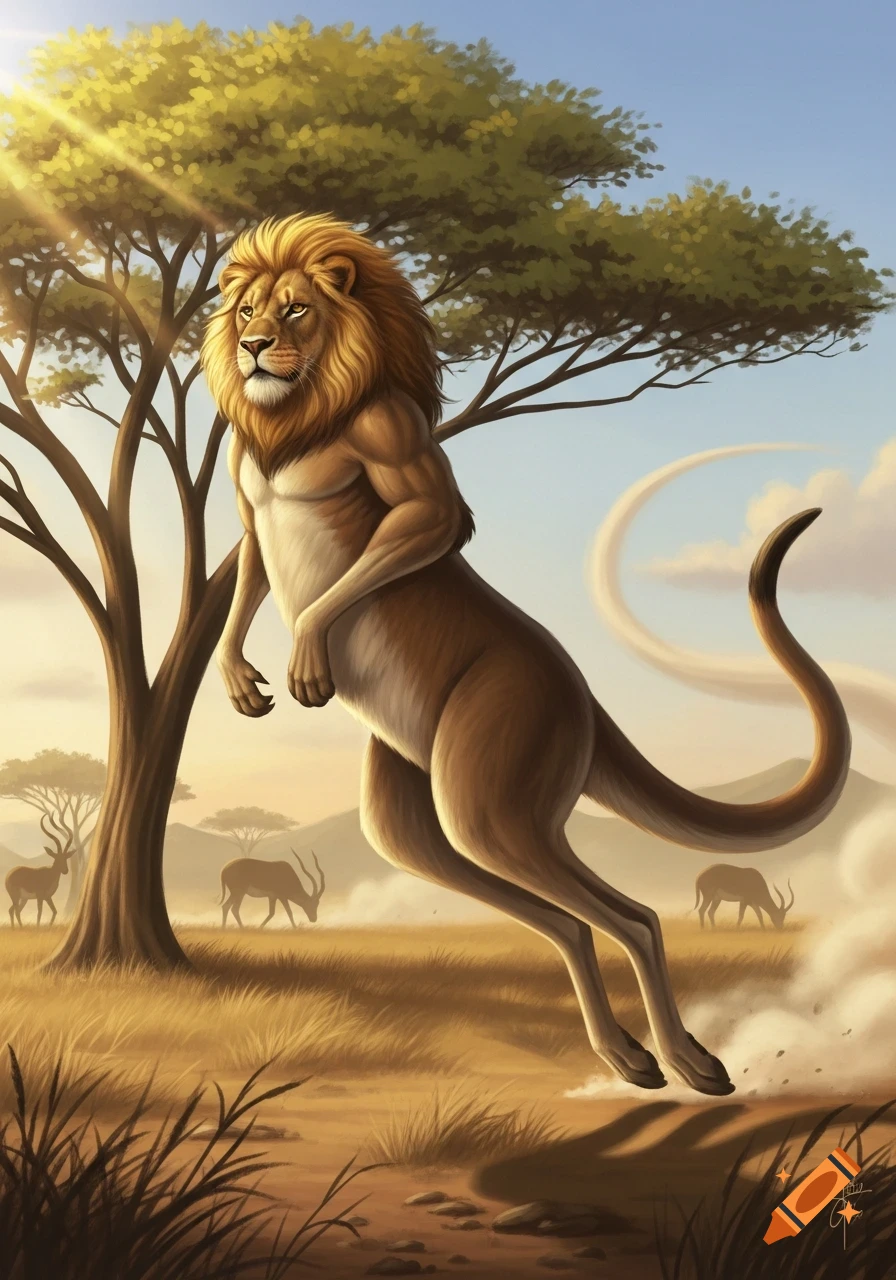 A muscular lion-kangaroo hybrid leaps in a sunny African savanna with acacia trees and other animals, digital illustration.