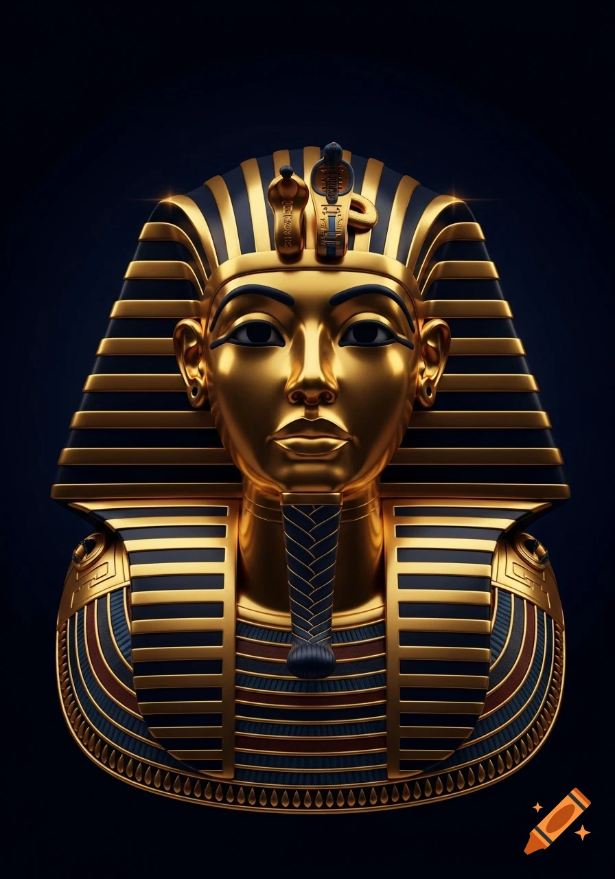 Golden death mask of Pharaoh Tutankhamun with black and gold stripes, cobra, and vulture against a dark background.