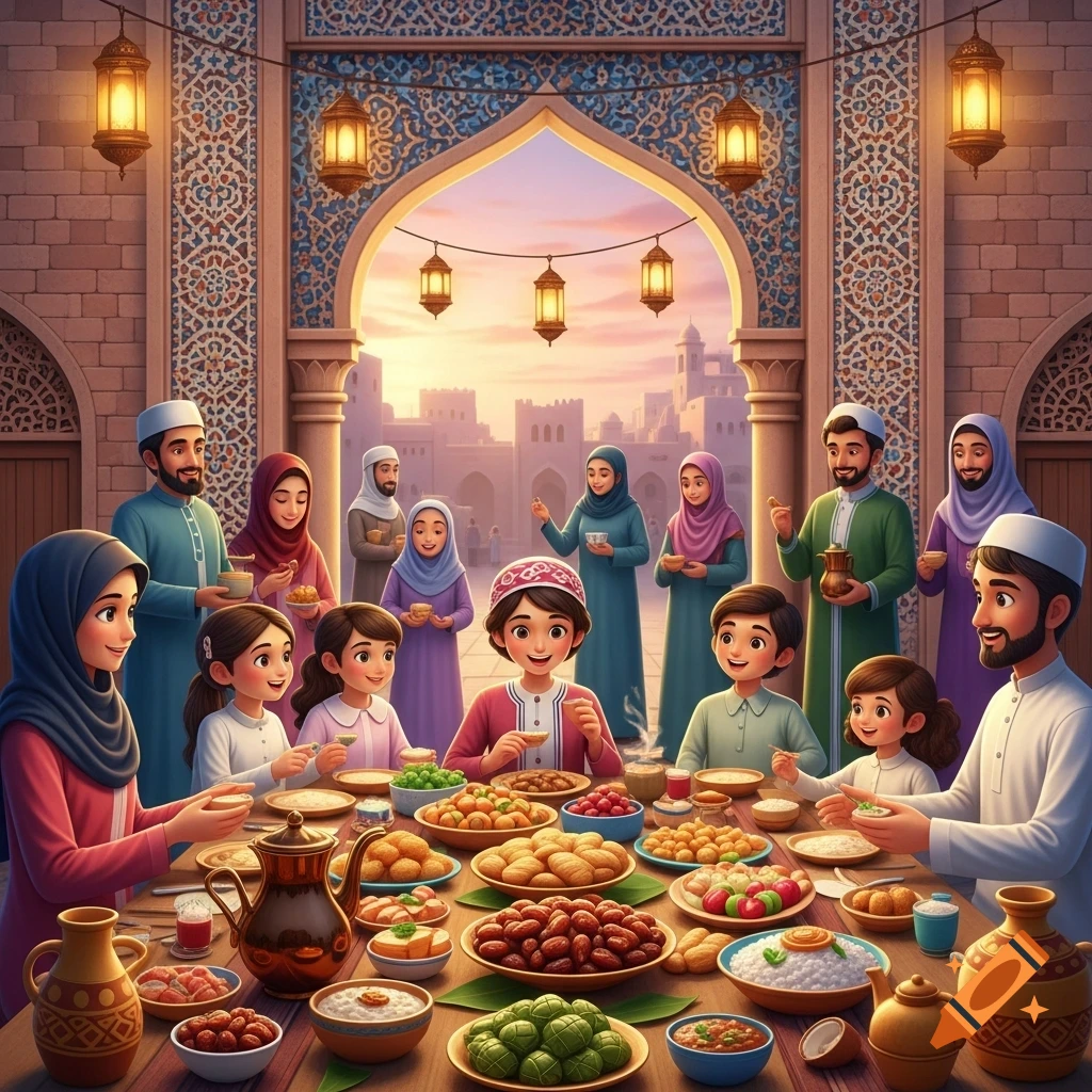 A large diverse family enjoys a vibrant feast at a long table in an ornate room with an arched window, cartoon style.