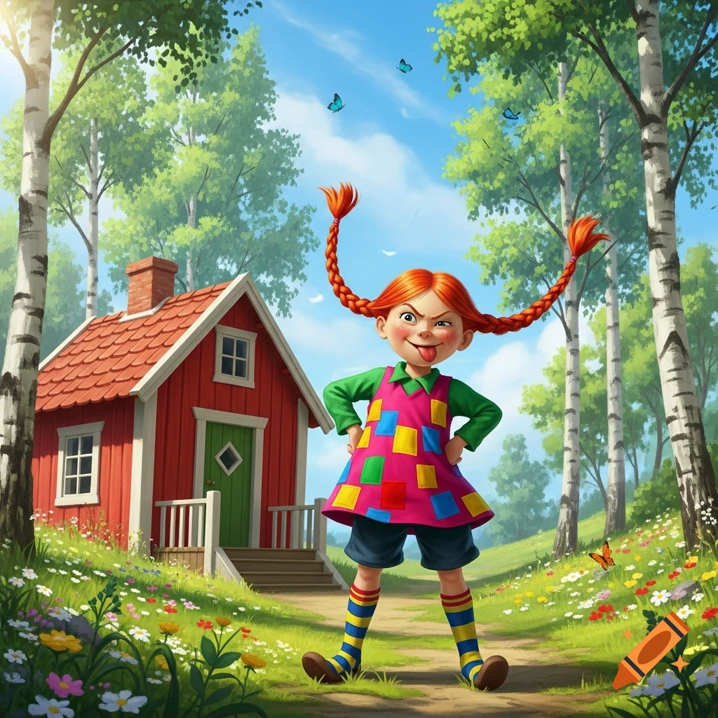 Pippi Longstocking, a red-haired girl with braided pigtails, sticks out her tongue and stands in a sunny meadow with a red house and birch trees.
