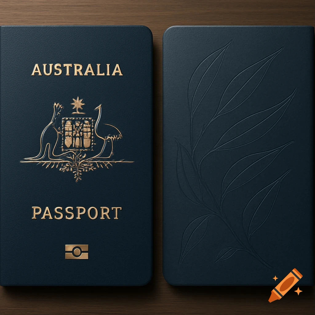 A dark blue Australian passport's front and back covers are displayed, featuring golden embossed text and the Coat of Arms.