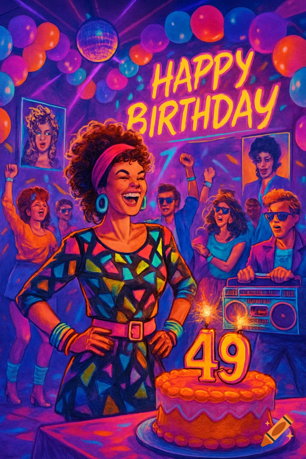 Vibrant 80s birthday party scene with a smiling woman, neon 'HAPPY BIRTHDAY' sign, disco ball, and a cake with '49' candles.