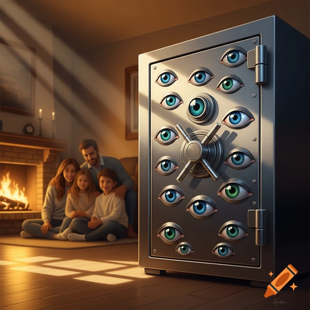 A family sits by a cozy fireplace while a large, metallic safe covered in numerous watchful eyes stands in the foreground.
