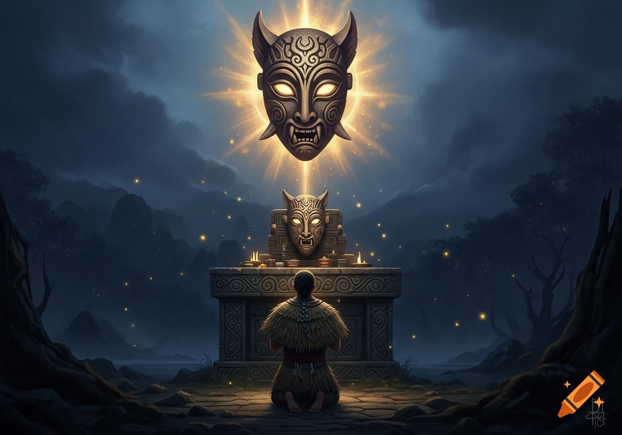 A kneeling shaman faces a glowing sacred mask on an altar, while a larger, radiant mask floats above under a dark, mystical sky.