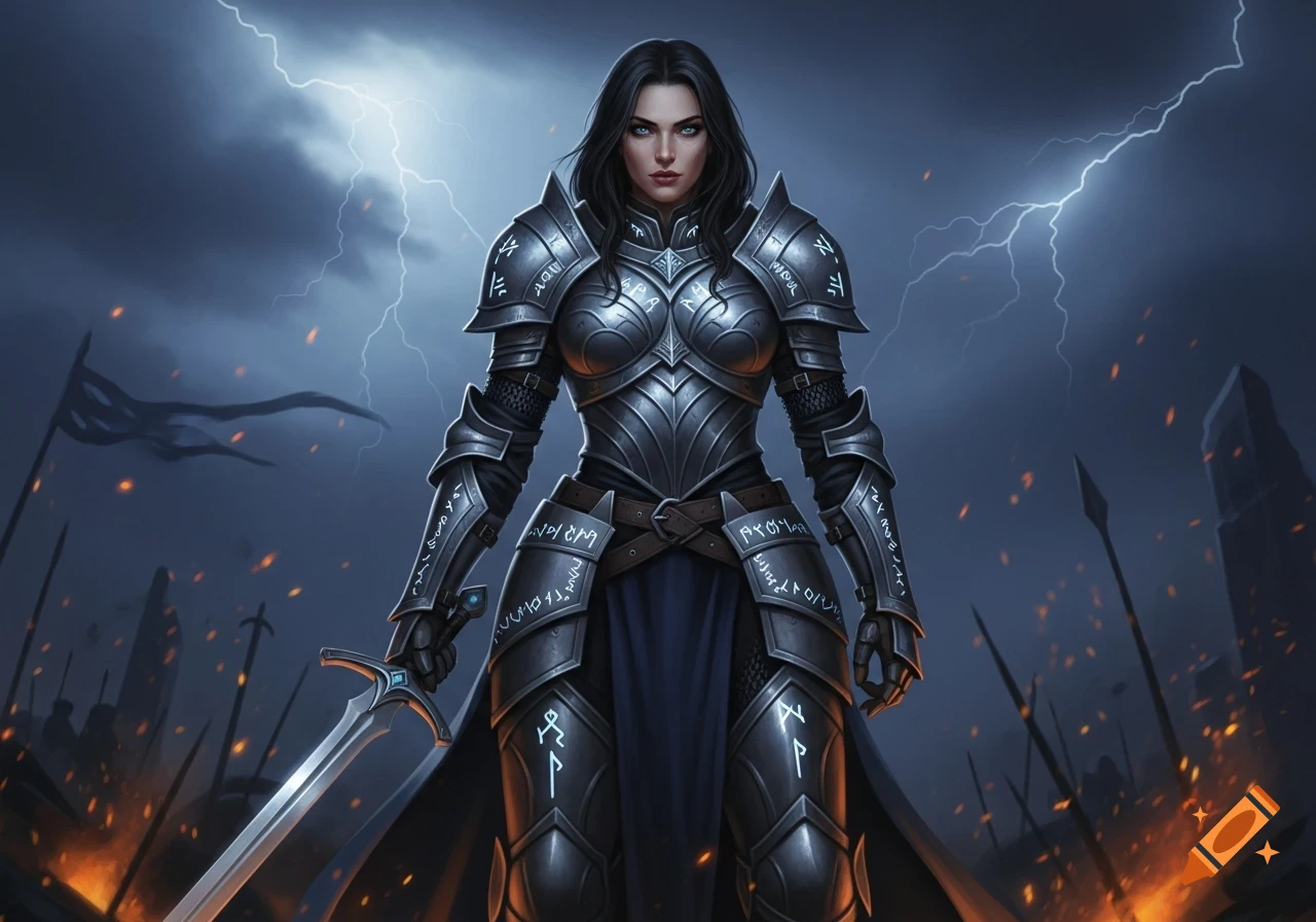 A dark-haired female warrior in ornate plate armor holds a sword under a stormy, lightning-filled sky, with a battleground in the background.