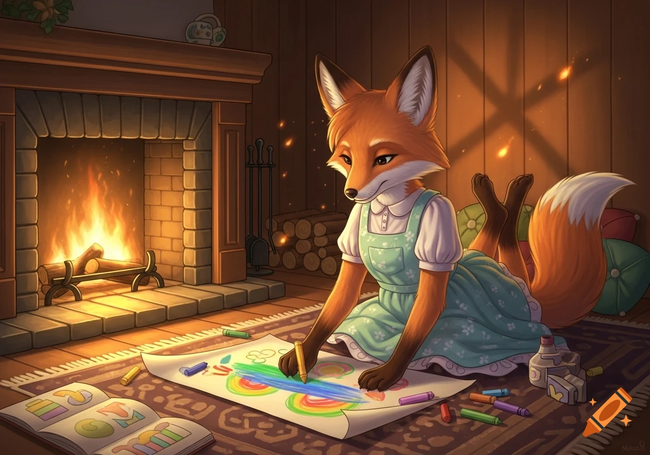 An anthropomorphic fox girl in a pinafore dress lies on a rug by a cozy fireplace, drawing with crayons on a large sheet of paper.