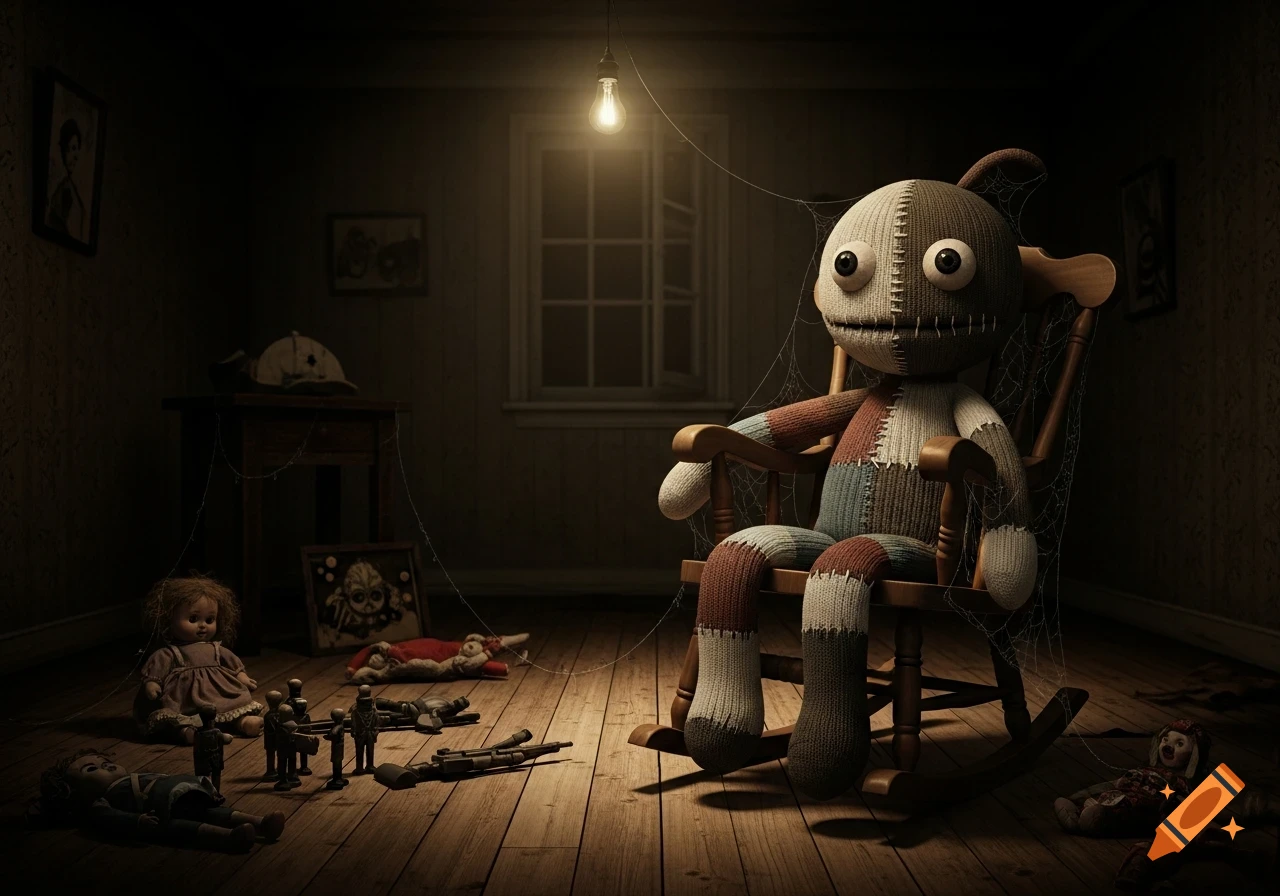 A creepy patched-up doll in a rocking chair covered in cobwebs in a dark room with scattered toys on the wooden floor.