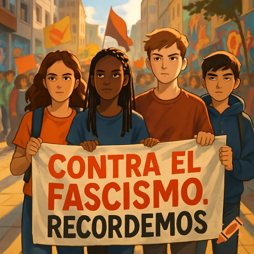 Four cartoon young people protest in a city street, holding a banner that reads 'Against Fascism, Let us remember'.