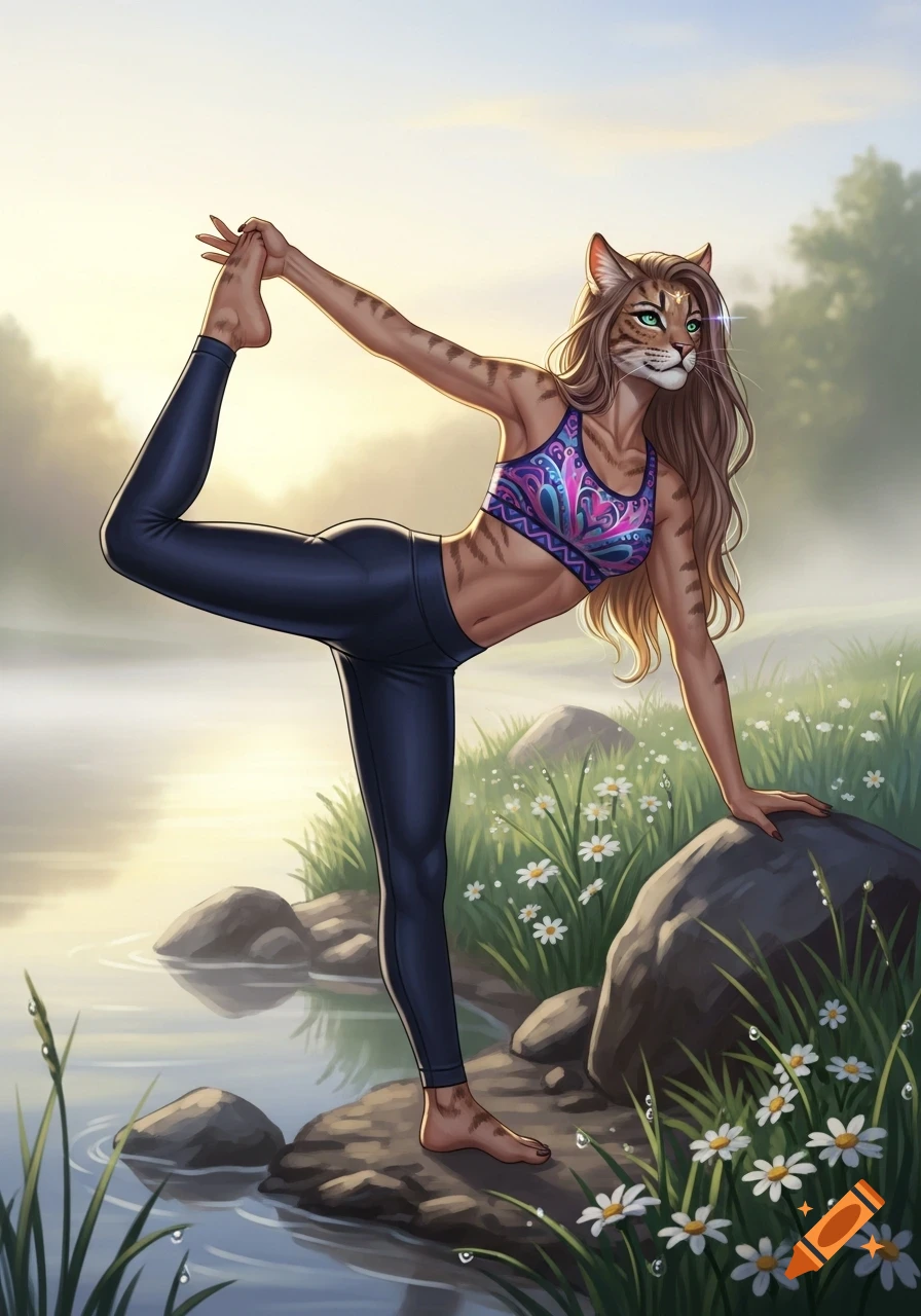 A cat woman in a sports bra and leggings does a yoga pose by a misty lake at sunrise, surrounded by daisies in a digital illustration.