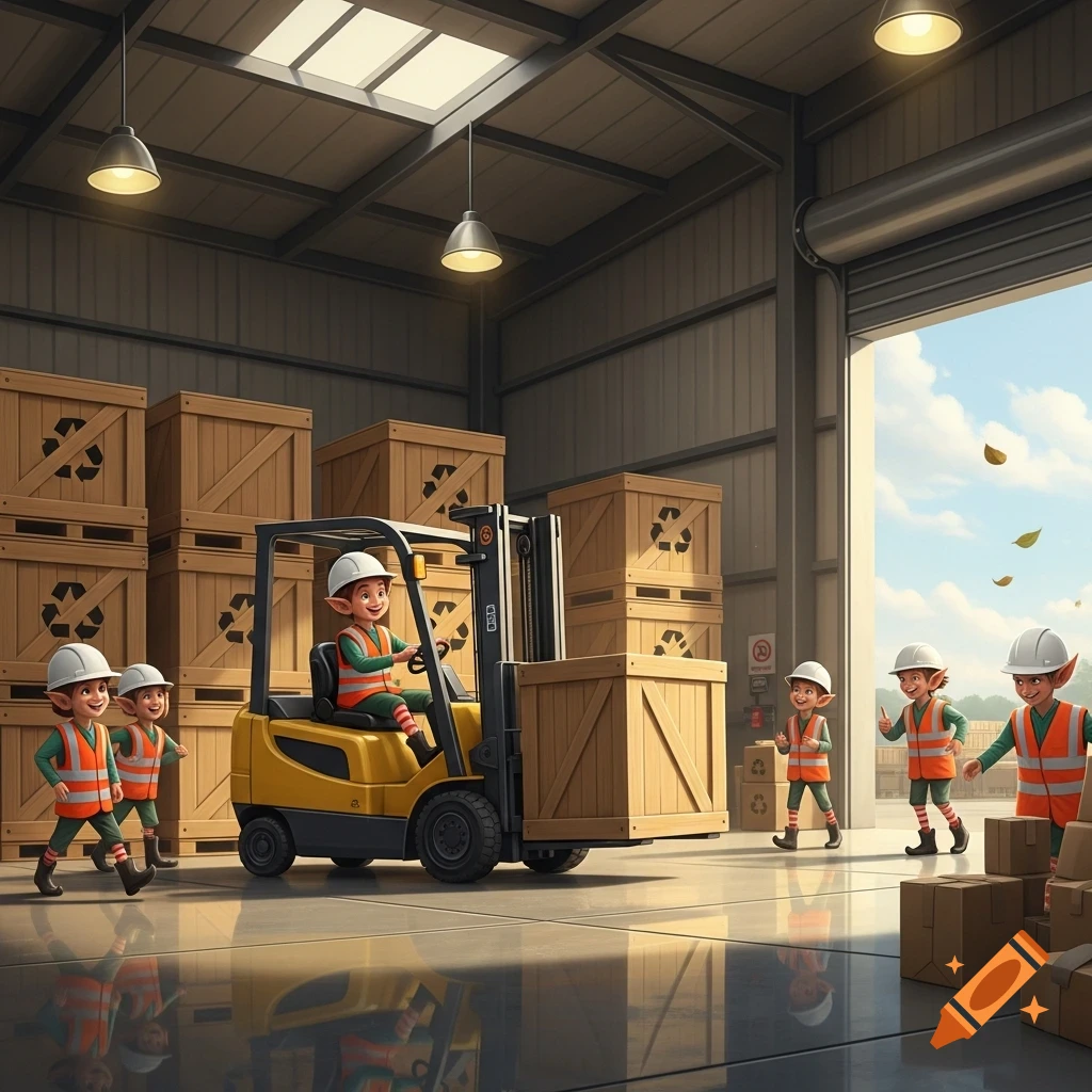 Cartoon elves in hardhats and high-vis vests work in a warehouse, one driving a forklift with a crate.