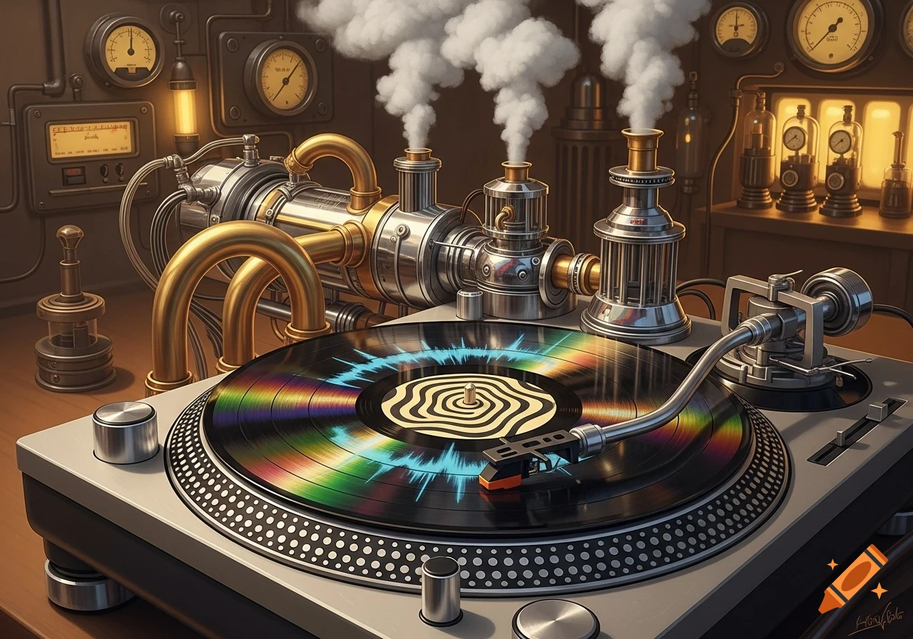 A surreal steampunk turntable with brass pipes and chrome machinery, emitting smoke, playing a vibrant, colorful vinyl record.