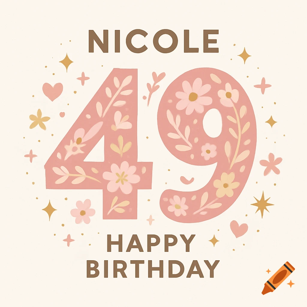 A floral-patterned birthday card with the name "NICOLE" and the number "49" along with "HAPPY BIRTHDAY" text, surrounded by hearts and stars.