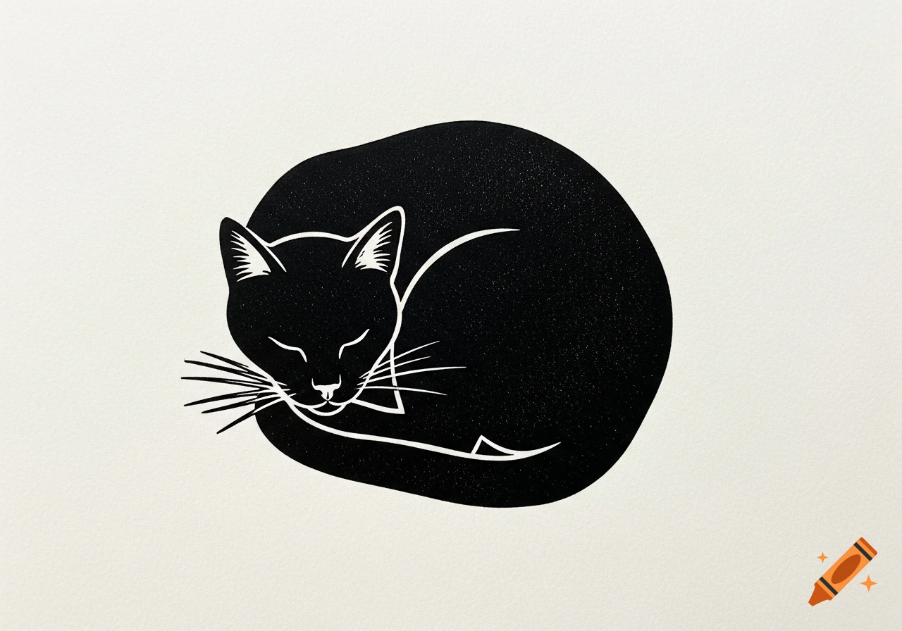 A simple black linoprint illustration of a curled up cat sleeping.
