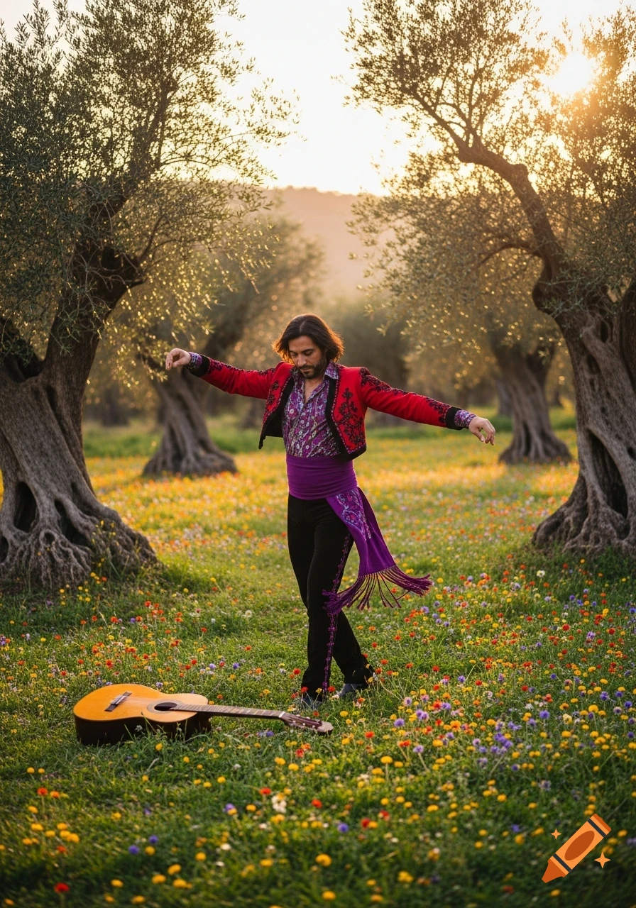 A man in a red and purple traditional costume dances in a field of wildflowers with olive trees, a guitar lies on the ground.