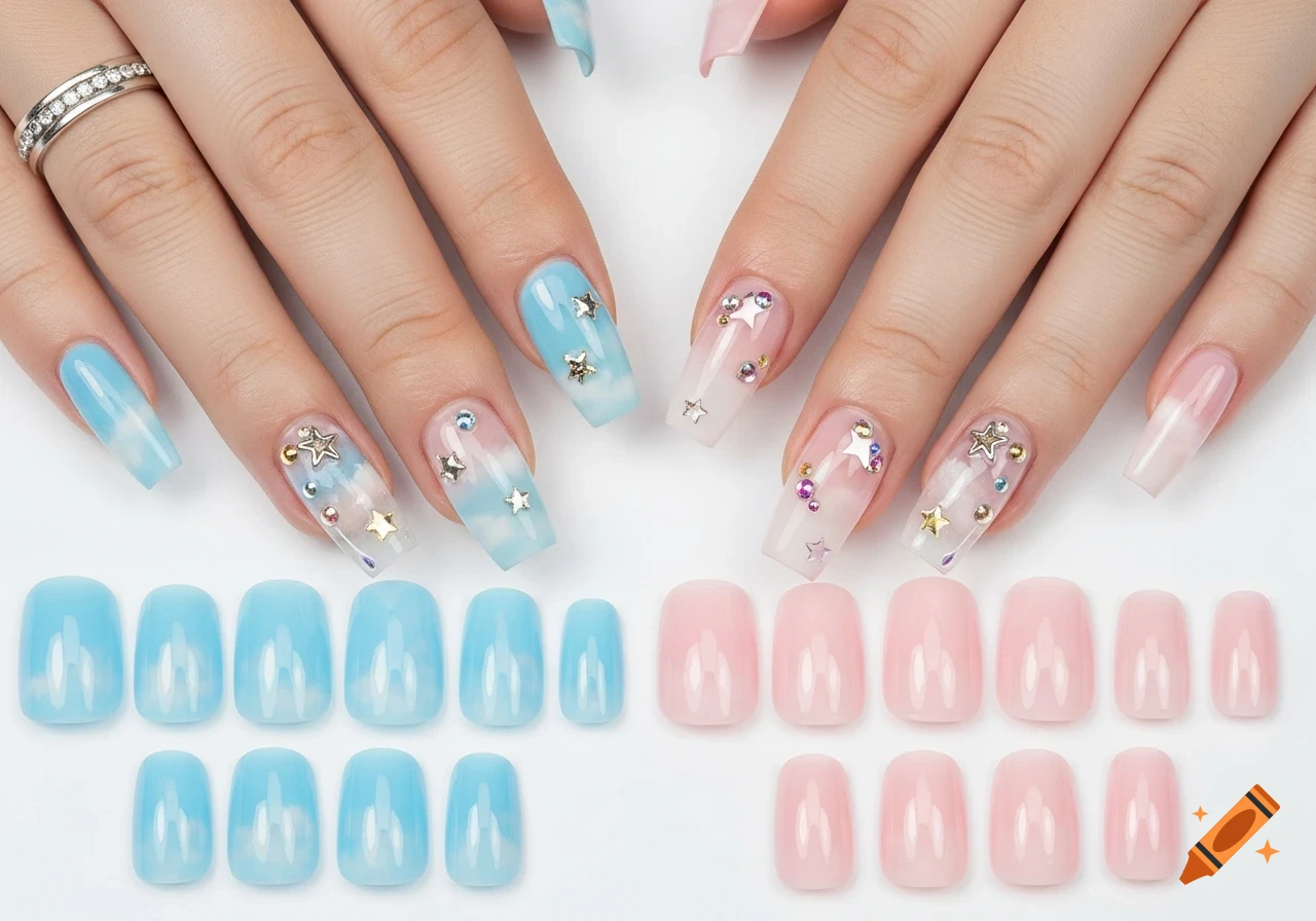 Two hands displaying blue and pink gradient ballerina nails with stars and rhinestones, with matching sets of press-on nails.